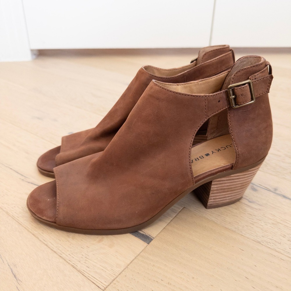 Lucky Brand Womens Barimo Bootie 10 Brown Leather Peep‎ Toe Block Heel Cutout